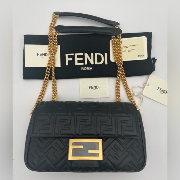 ❌❌SOLD! $3490 Fendi Baguette Medium Midi FF Leather Black Chain Shoulder Bag - Picture 5 of 16